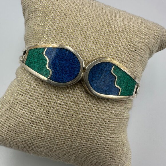 Vintage Alpaca Silver Bracelet Blue Green Inlay Geometric Hinged Cuff 7 Inch - Picture 2 of 15